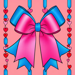 Vibrant pink bow blue ribbon accents heart-shaped beads