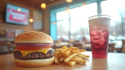 A delicious burger fries and soda combo meal on a simple wooden table