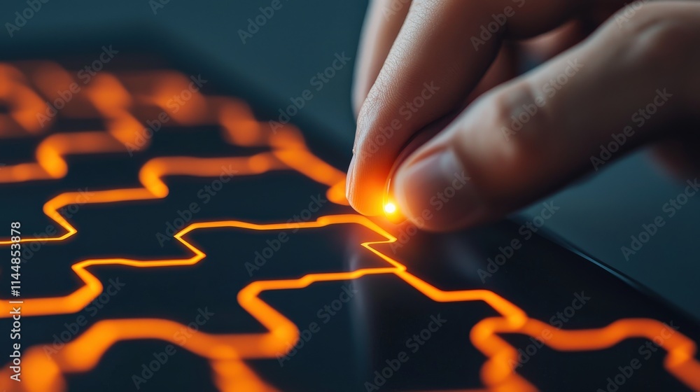 Poster hand adjusting light on a puzzle-like pattern with glowing orange lines on dark background, concept 