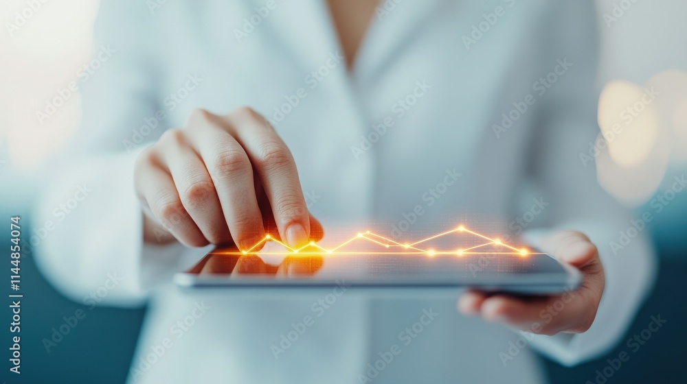 Poster business professional analyzing data trends on a tablet screen with bright graph visualizations in a