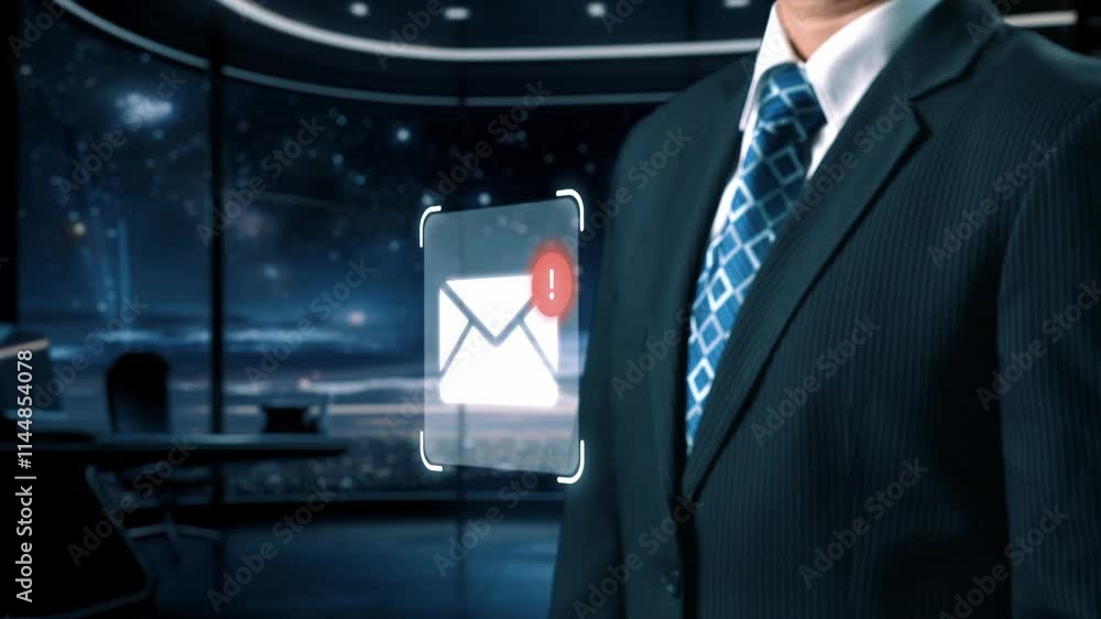 Poster business person checking email inbox, organizing and prioritizing messages for better productivity. 