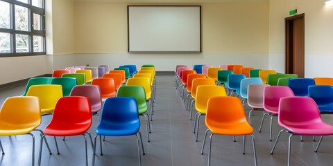 Rows of colorful plastic chairs create an inviting atmosphere in an assembly hall. This assembly hall features neat arrangements of seats on a stylish gray floor. Perfect for school gatherings.