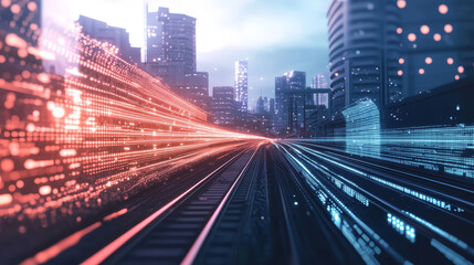 Obraz premium Modern city at night abstract background, neon lights, a railway tracks and glowing light trails motion effect. 