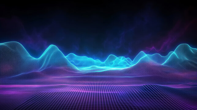 Digital technology background with connected dots on 3d wave landscape. Concept of AI artificial intelligence, big data, data science, digital world, virtual reality, cyberspace, metaverse. 