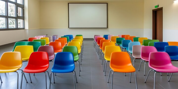 Rows of colorful plastic chairs create an inviting atmosphere in an assembly hall. This assembly hall features neat arrangements of seats on a stylish gray floor. Perfect for school gatherings.