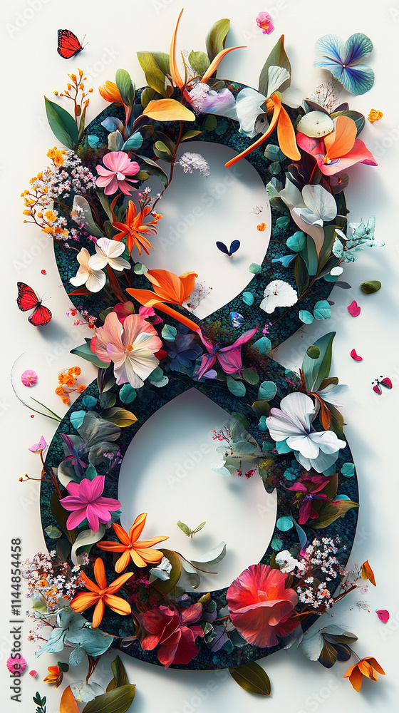 Poster a flowery design of the number 8. the flowers are arranged in a circular pattern and are of various 