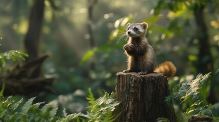 Obraz premium Ferret on stump, forest.