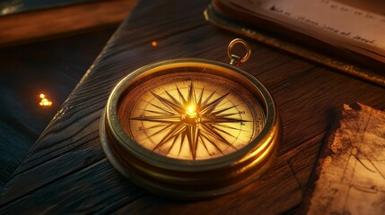 Antique compass glows on dark wood, near papers.