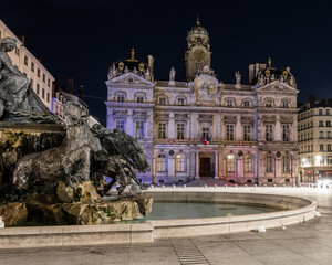Hôtel de Ville de Lyon at night with the Bartholdi Fountain in the foreground