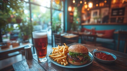 A cozy meal of fast food with a burger fries and soda on a rustic table setup
