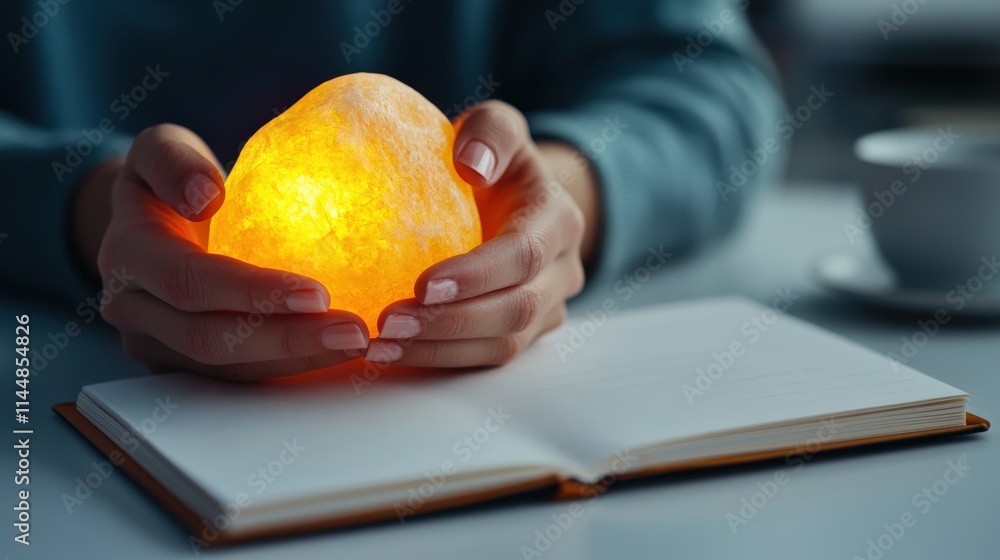 Poster warm glowing himalayan salt lamp held in hands over an open notebook with a coffee cup in the backgr
