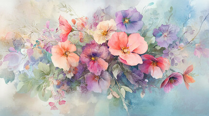 Luxurious and soft color Watercolor Flower, floral background with watercolor soft pastel flowers and watercolor stains, light soft floral abstract background with soft and pastel watercolor stains.