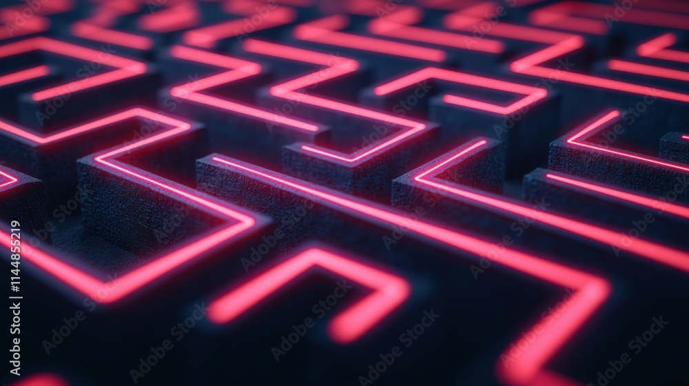 Poster intricate maze with neon pink glow highlighting pathways, modern digital art conveys complexity and 