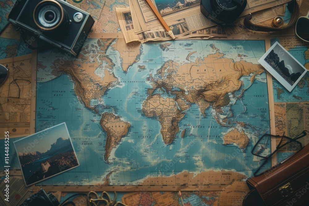 Fototapete Travel memories displayed on a world map backdrop with empty space for design ideas. Generative AI