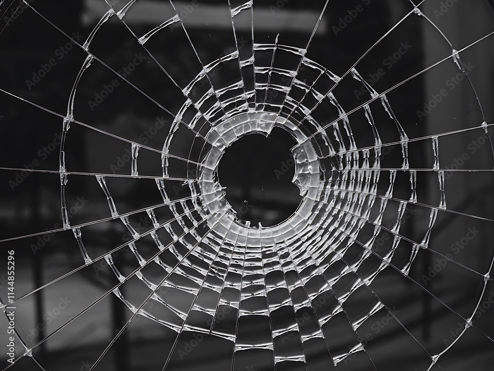 Poster abstract fractal background with circles, stark black-and-white image of a broken glass window with 