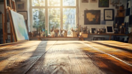 Sunny art studio with wooden table, easel, brushes, paintings.