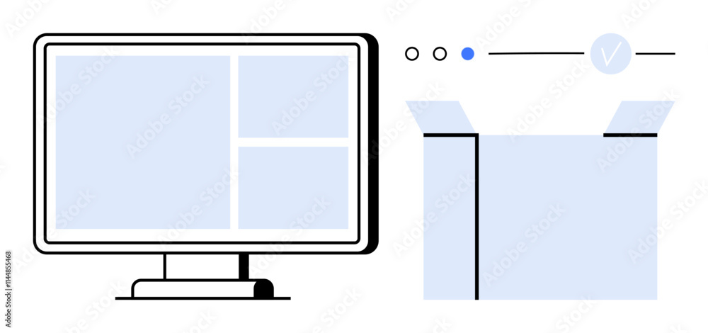 Poster computer monitor with split screen layout next to an open package and progress indicators hovering a