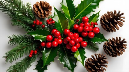 Christmas decorations of holly berries and pine cones isolated on a white background
