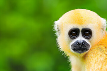Obraz premium Playful Gibbon in Natural Habitat with Vibrant Green Background Captured in Close-Up Shot