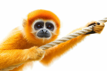 Fototapeta premium Close-up of an Orange Gibbon Holding a Rope Against a White Background in Natural Habitat