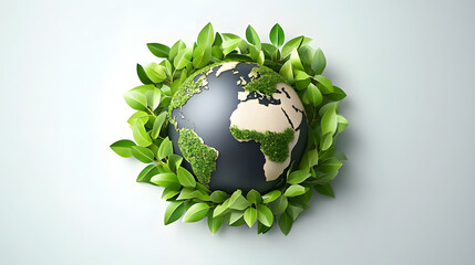3D Vector Art Depicting Earth Wrapped In Green Leaves, Highlighting Sustainability And Eco-Friendly Design. A Symbol Of Nature Preservation, Renewable Energy, And Environmental Protection