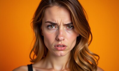Naklejka premium Portrait young woman furrowed brow pouting expression annoyed