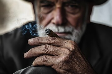 An intimate portrait of an elderly man deeply enjoying his cigar, exuding wisdom and relaxation, with the surrounding soft blur accentuating his expressive features.