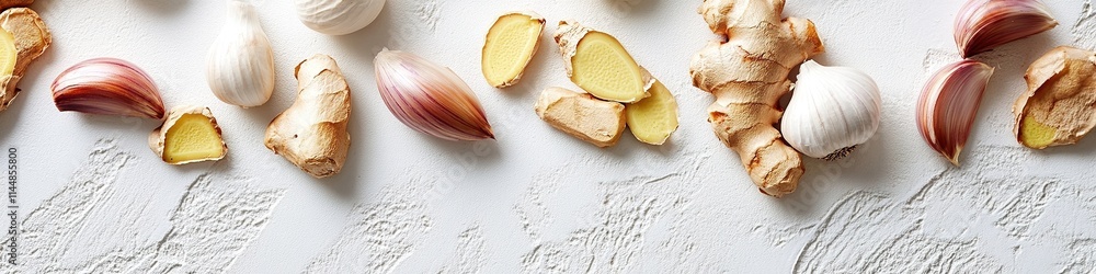 Poster clean flat lay of garlic cloves and ginger root arranged neatly on white matte surface under diffused lighting