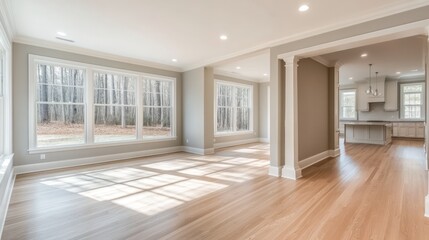 Bright room with hardwood floor, view of kitchen.