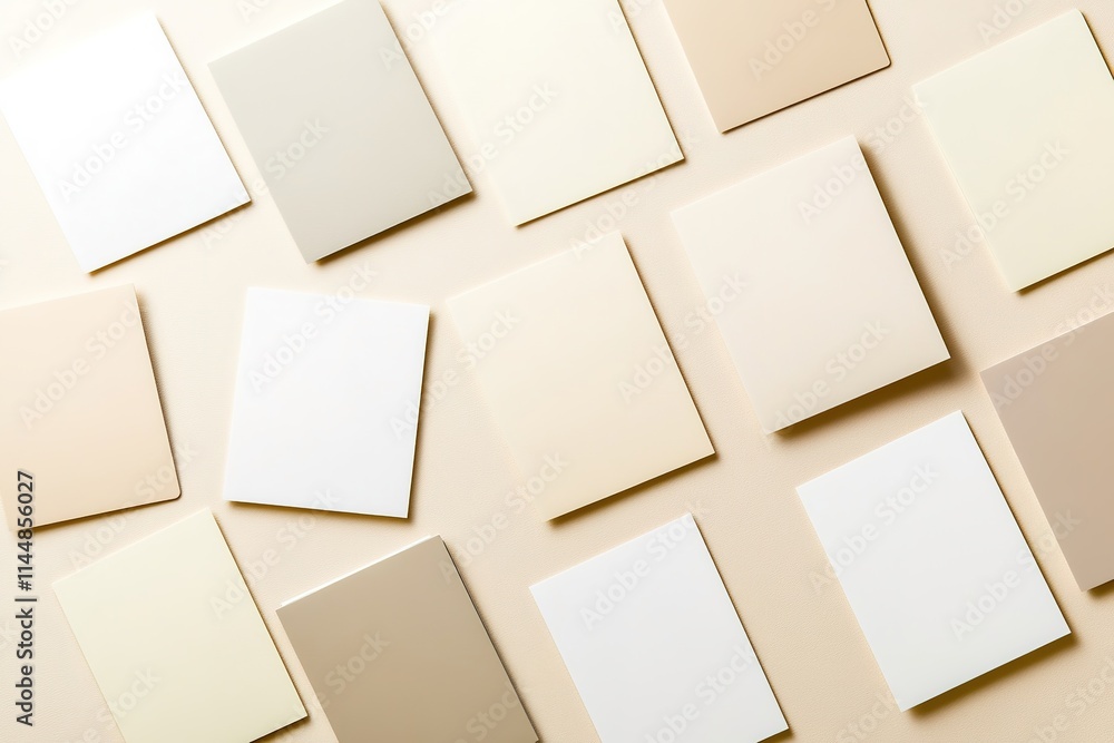 Poster dynamic arrangement of multiple blank cards in various orientations under soft lighting