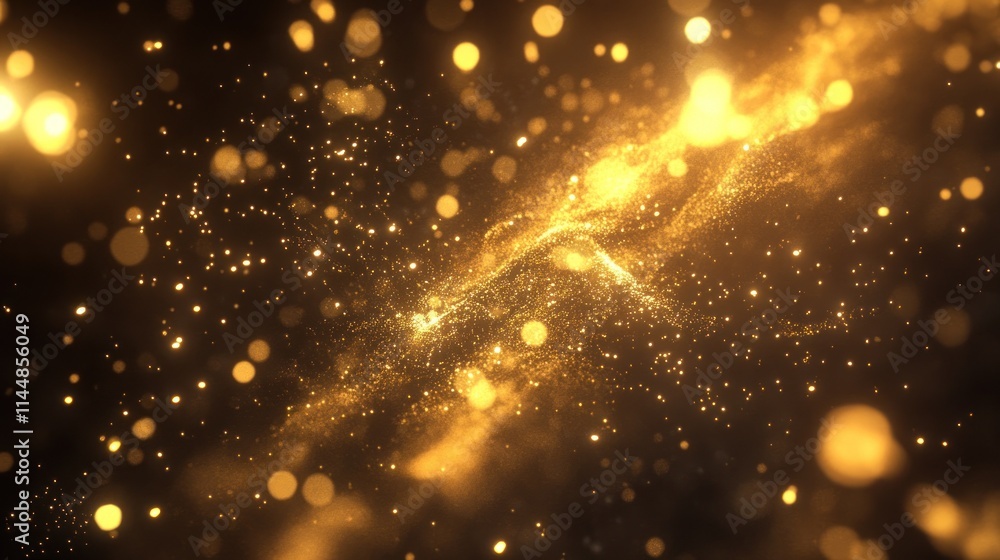 Poster golden particles with bokeh lights and swirling texture.