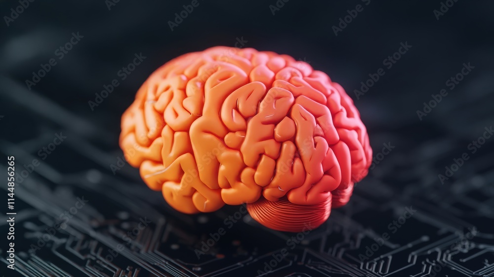 Poster orange brain model on circuit board background representing technology and intelligence in modern sc
