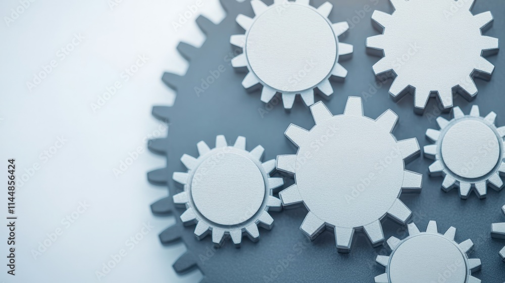 Poster close-up view of interlocking white gears on a gray background representing precision, engineering, 