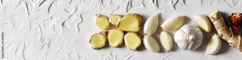 Poster clean flat lay of garlic cloves and ginger root arranged neatly on white matte surface under diffused lighting