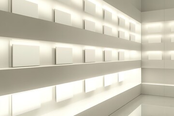 dynamic scene of blank cards with glowing accents in modern display case
