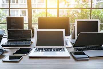 dynamic scene of multiple devices including laptops and tablets arranged creatively in modern workspace