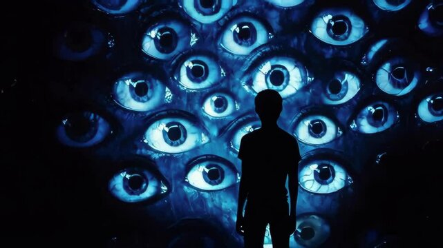 Silhouette against a wall of blue eyes evokes themes of surveillance, observation, and big brother.. AI Generation