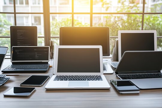 dynamic scene of multiple devices including laptops and tablets arranged creatively in modern workspace