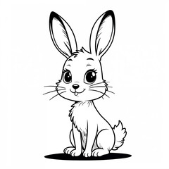 Fototapeta premium Cute Cartoon Bunny with Big Eyes and Floppy Ears Black and White Line Drawing