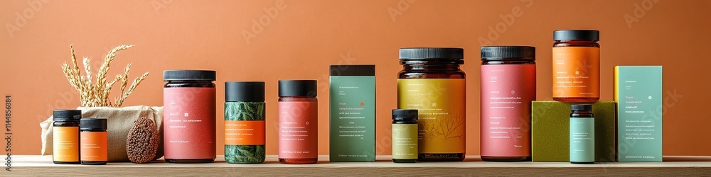 Poster dynamic setup of vibrant product labels displayed on variety of modern packaging under soft lighting
