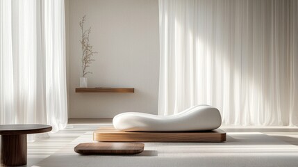 Minimalist white chaise lounge, wood platforms, sheer curtains, and sunlight.