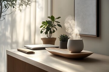 Minimalist workspace with serene decor for creativity and focus - Generative AI
