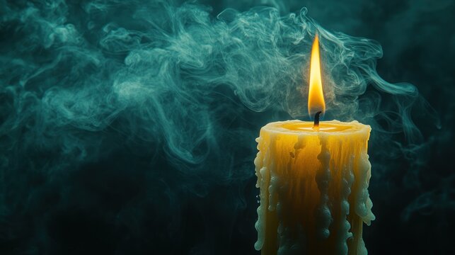 Single yellow candle with dripping wax and smoke in teal darkness.