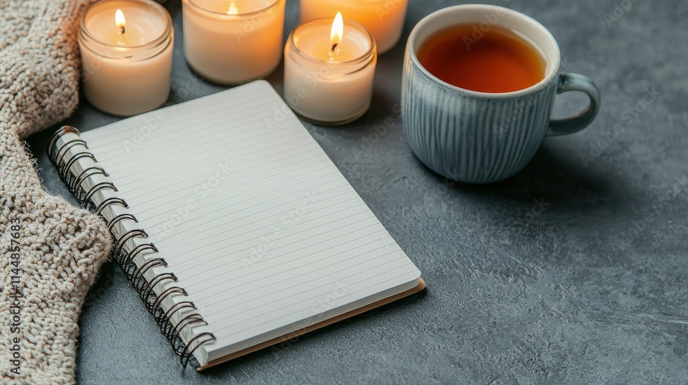 Poster cozy workspace setup with notepad, warm beverage, and soft textiles surrounded by lit candles creati