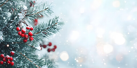 Christmas tree branches decorated with berries. snow. frost. snow-white background. banner. place for text