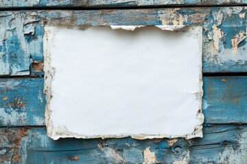 Naklejka premium Blank paper on peeling blue wood.