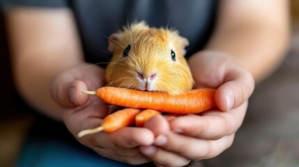 Charming image of guinea pig resting comfortably in open human hands, surrounded by carrots, highlighting the bond between humans and their beloved animal companions.