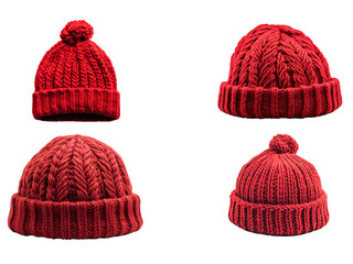 Stylish knitted red hat isolated on transparent background.
