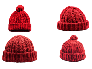 Stylish knitted red hat isolated on transparent background.
