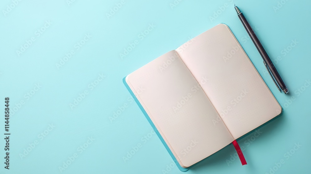 Poster minimalist open notebook with blank pages and a silver pen on a pastel blue background, ideal for cr